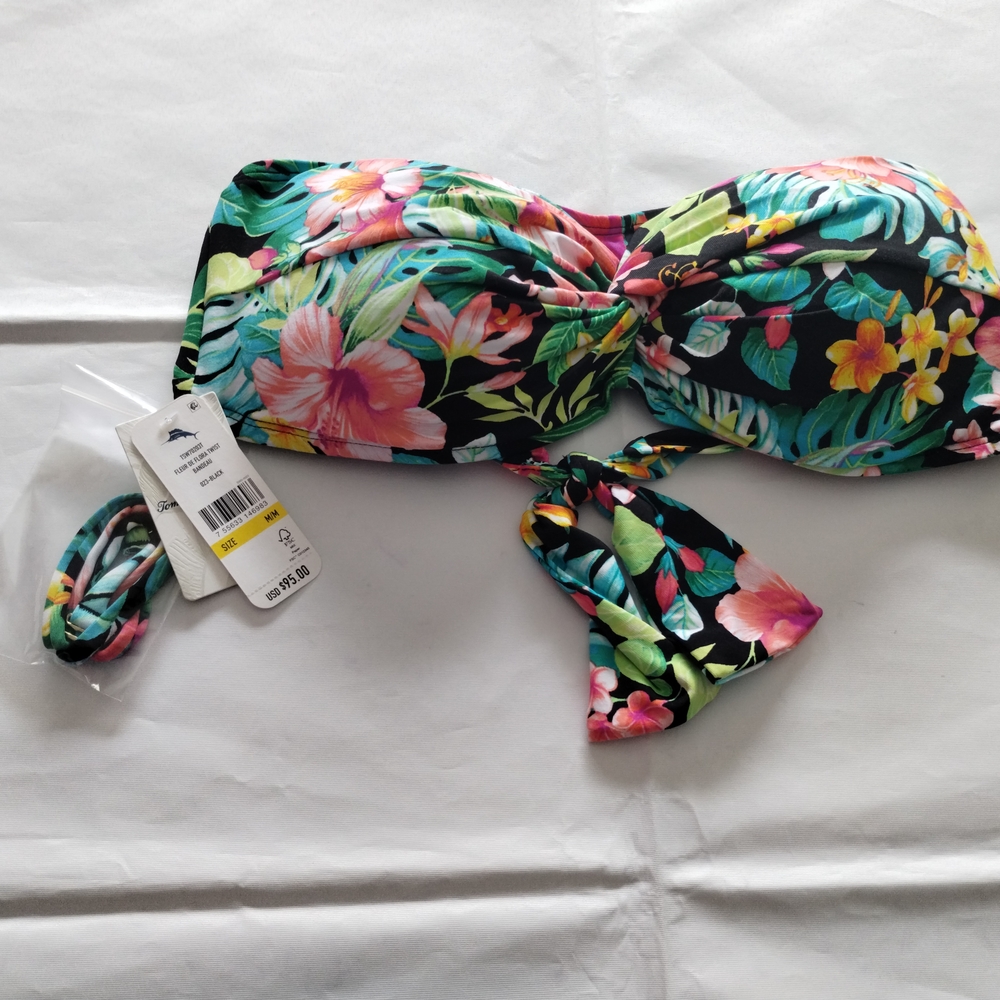 COPY - Pink and Black Floral Bikini Bandeau with Ties